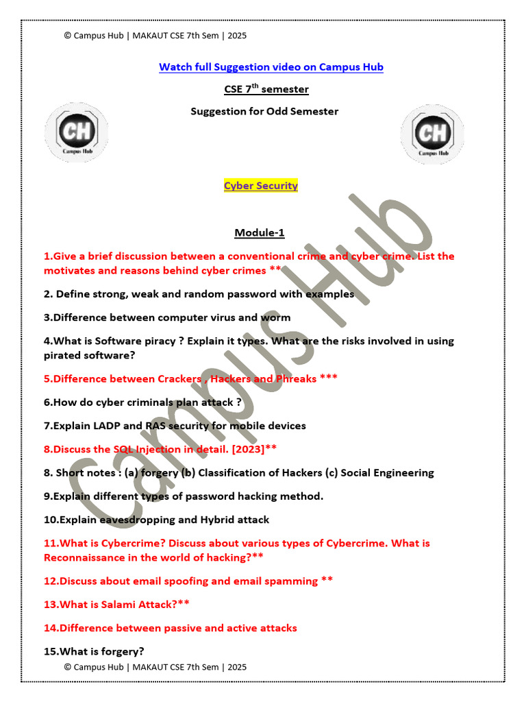 MAKAUT CSE 7th Semester Cyber Security Suggestion 2025-26 | PDF ...