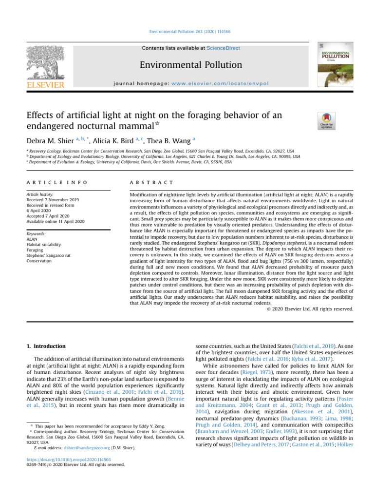 Shier Et Al. 2020. Effects of Artificial Light at Night On The Foraging ...