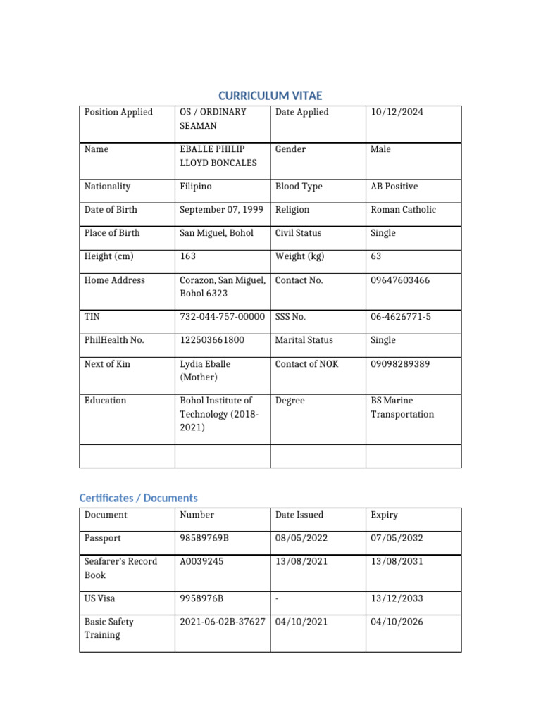 Curriculum Vitae Exact Table Format | PDF