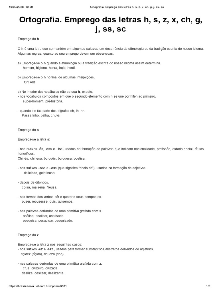 Ortografia. Emprego Das Letras H, S, Z, X, CH, G, J, SS, SC | PDF ...