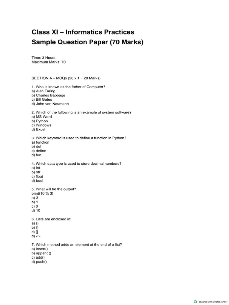 Class 11 IP Sample Paper 70 Marks Final-1 | PDF