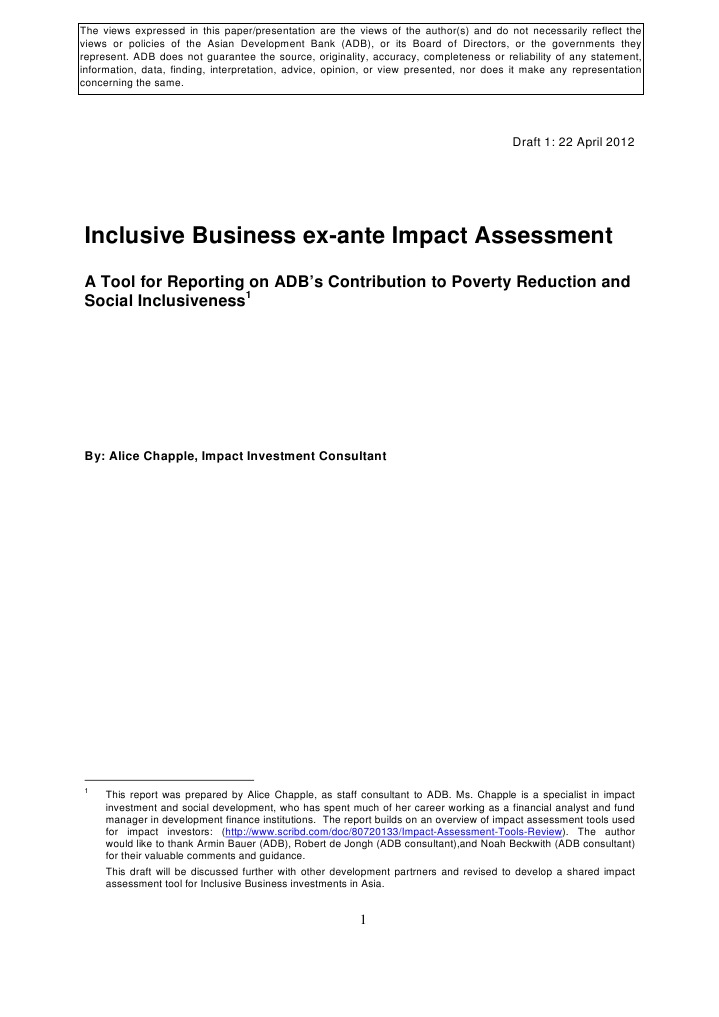 Inclusive Business ExAnte Impact Assessment A Tool For Reporting On ADB's Contribution To