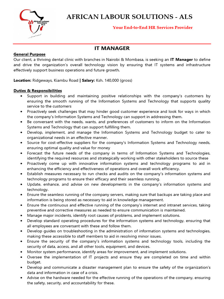 IT Manager - Job Advert - ALS | PDF | Information | Emergency Management