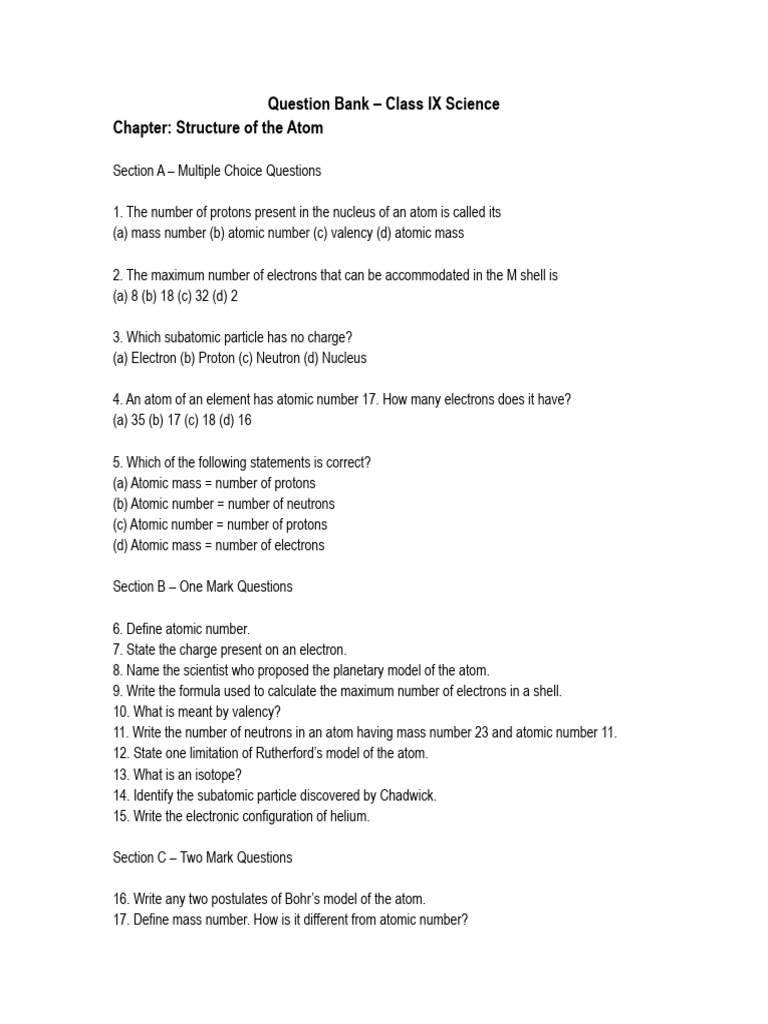PDF Class 9 Structure of Atom Question Bank | PDF