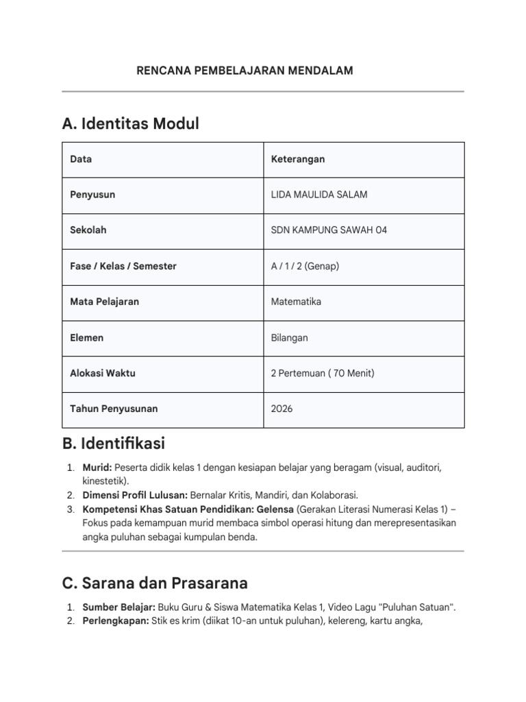 Modul Ajar Matematika Kelas 1 | PDF