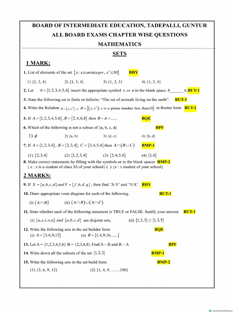 Bie Ap Maths Chapter Wise Questions | PDF