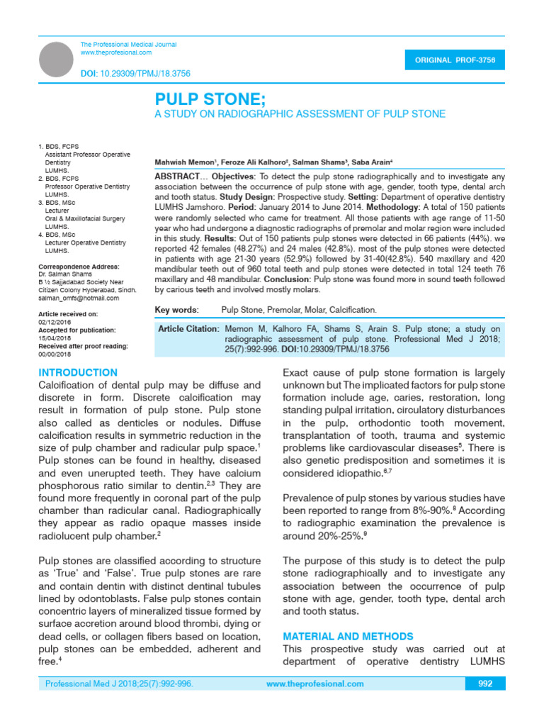 Pulp Stone | PDF | Dental Anatomy | Tooth