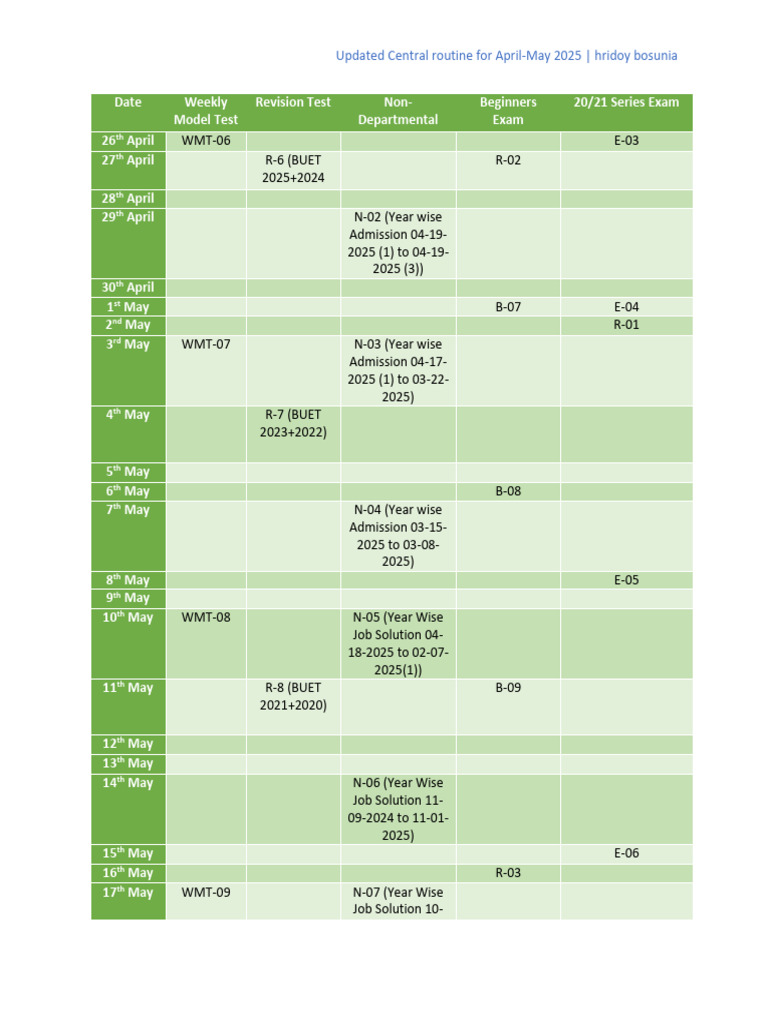 Updated Central Routine For April & May 2025 | PDF | Military Operations