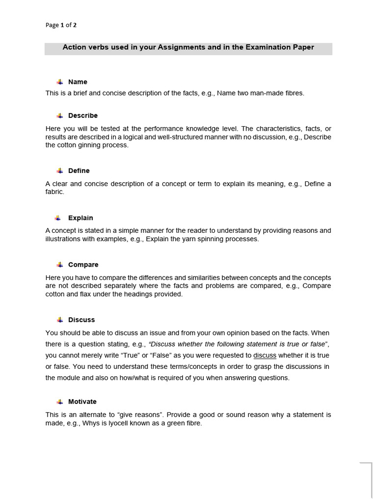 Action Verbs Used in The Assignments and in The Examination Paper | PDF