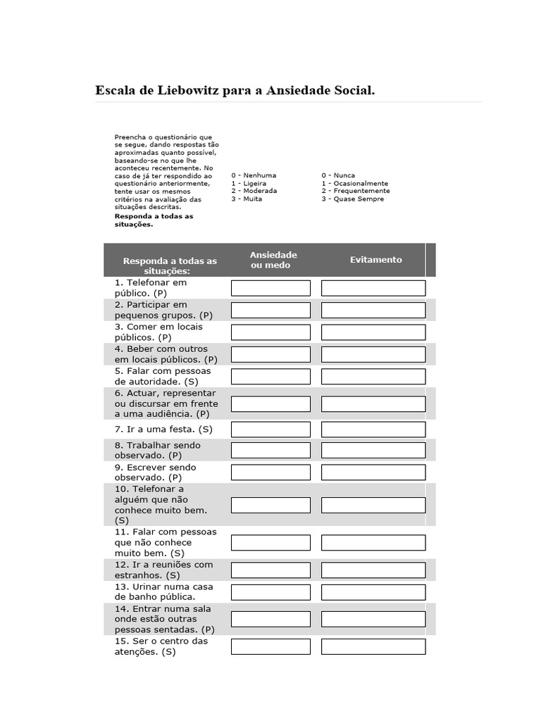 Escala de Liebowitz para A Ansiedade Social | PDF