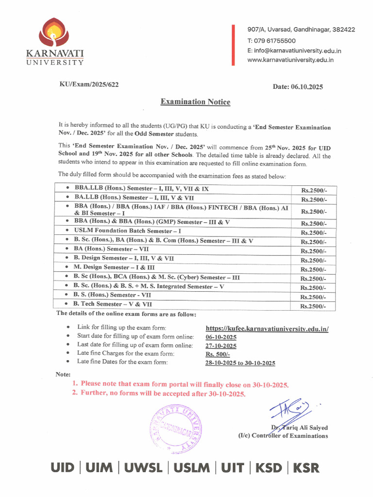 Exam Form Circular - Nov. - Dec. 2025 Examination | PDF