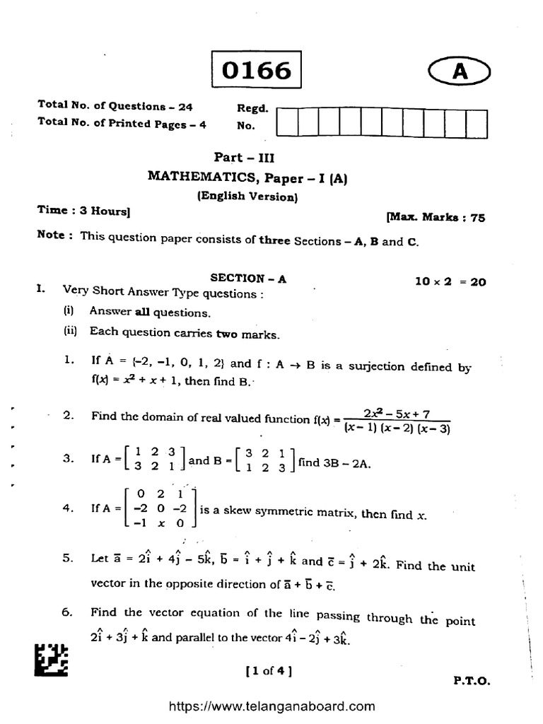 Tsbie Inter 1 Year Mathematics P1a 0166 Set A 2023 | PDF