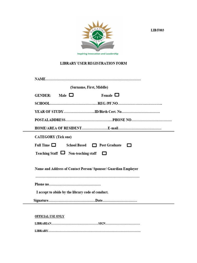 LIB F003 Library User Registration Form | PDF