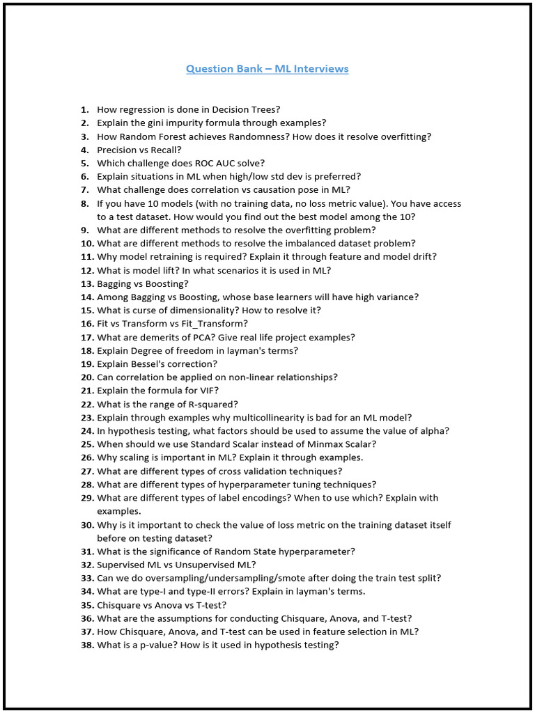 Question Bank ML Interviews | PDF | Student's T Test | Analysis Of Variance