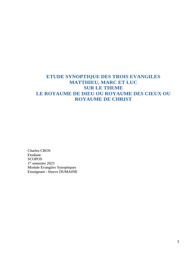 Etude Synoptique Du Royaume de Dieu | PDF | Ministère de Jésus ...