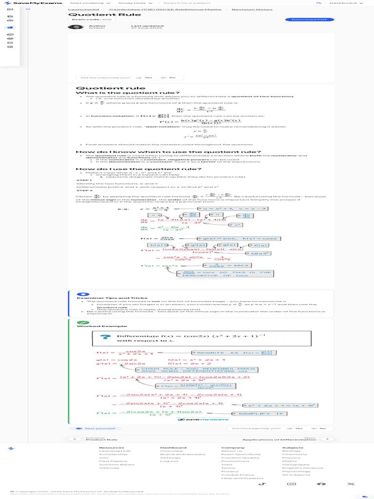 Quotient Rule Cambridge (CIE) IGCSE Additional Maths Revision Notes ...