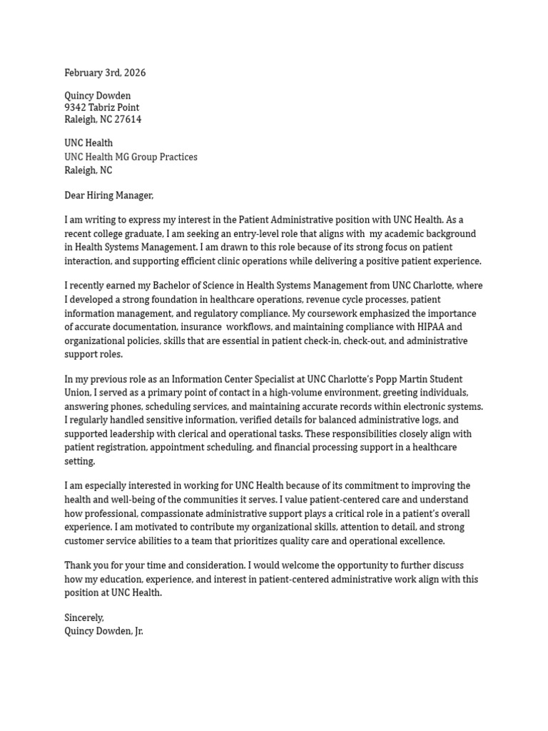Cover Letter UNC Health Admin - Assistant | PDF