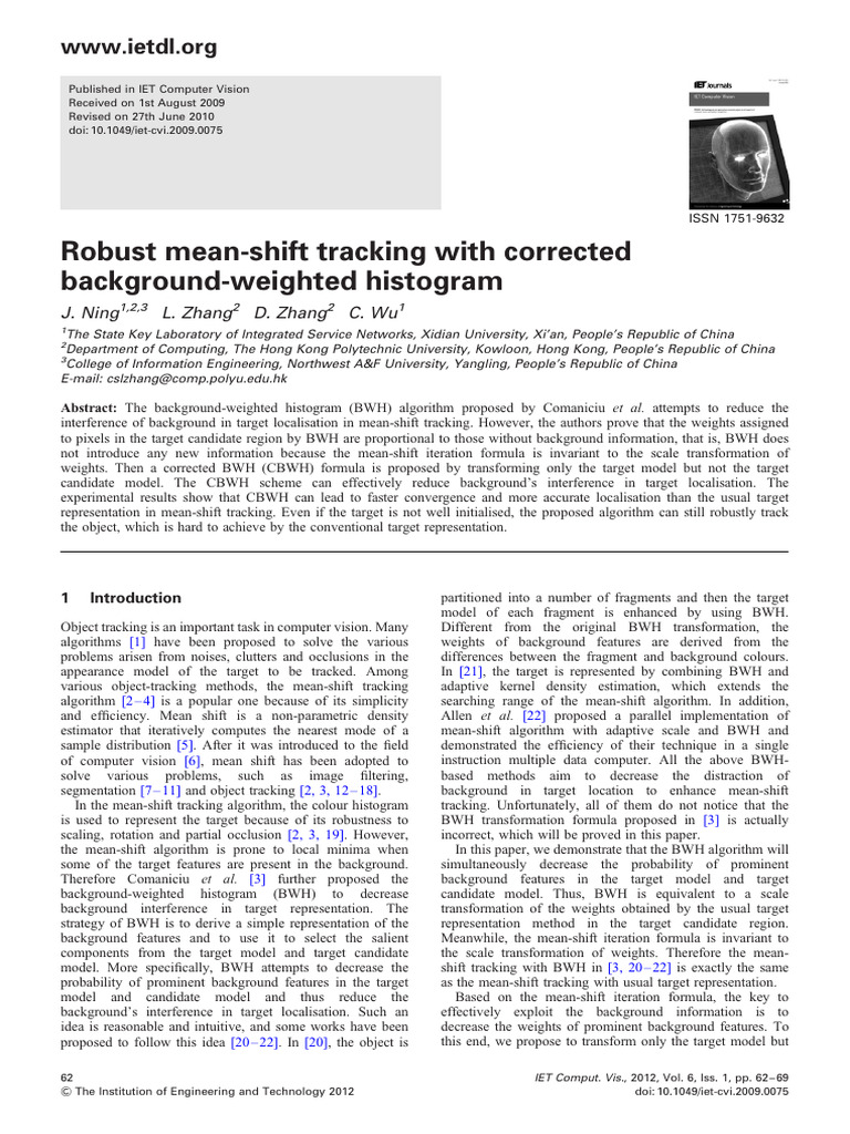 Robust Mean-Shift Tracking With Corrected Background-Weighted Histogram ...