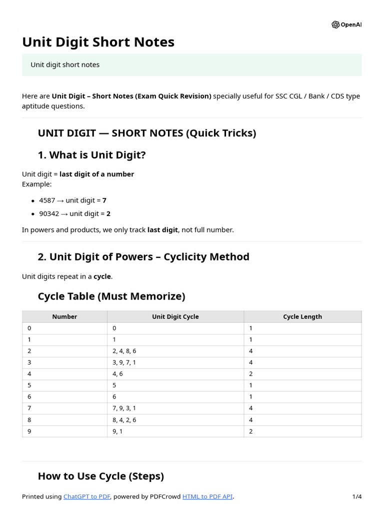 Unit Digit Short Notes | PDF | Arithmetic