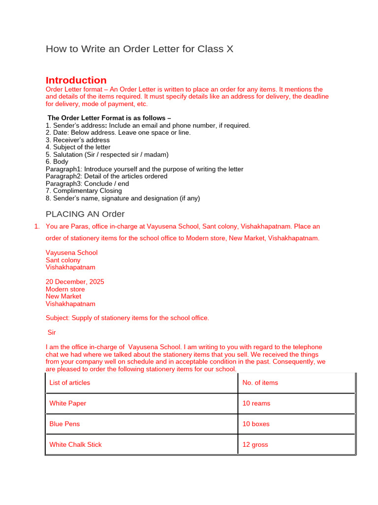How To Write An Order Letter For Class X 24122025 062357 | PDF