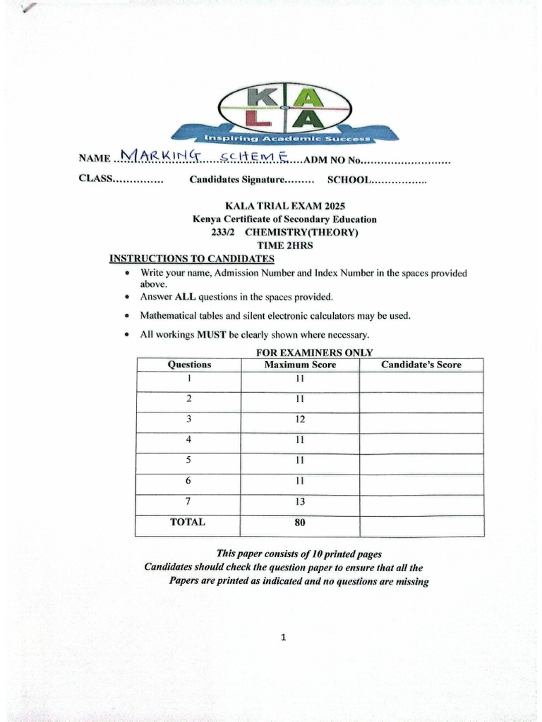 Chemistry PP2 Marking Scheme | PDF