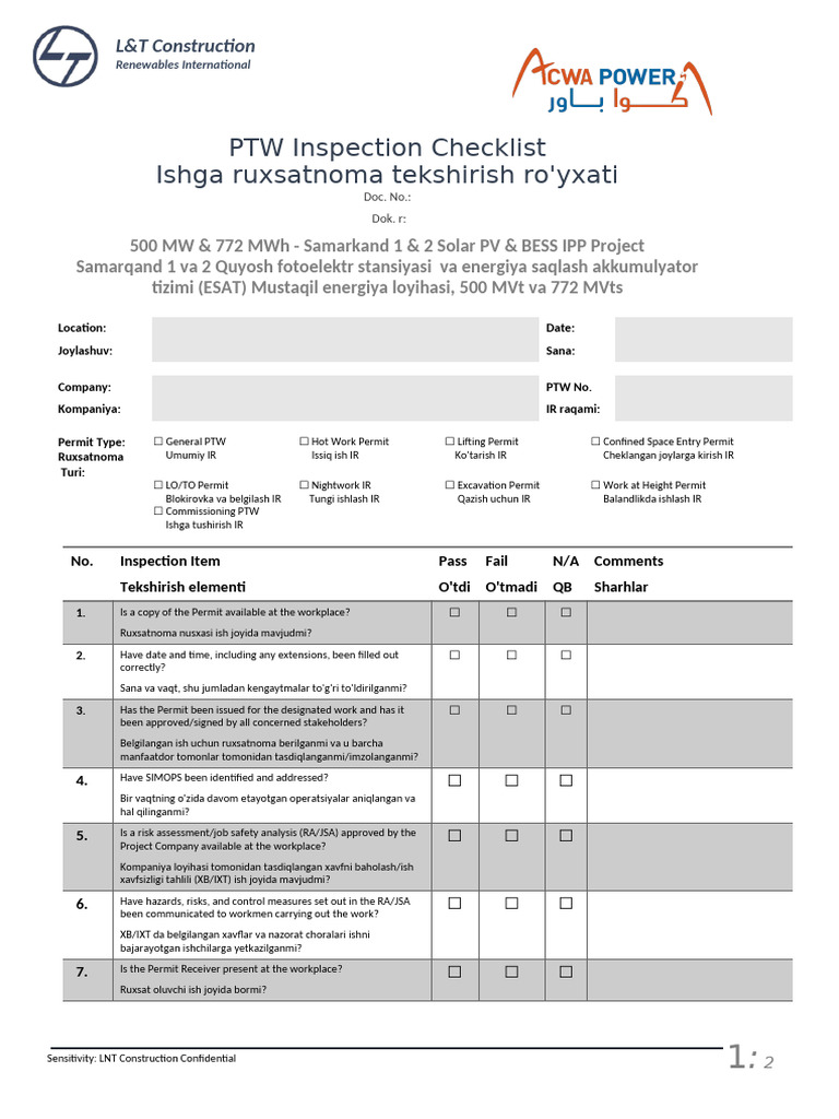 PTW Inspection Checklist (Uz-En) | PDF | Working Conditions | Chess Theory