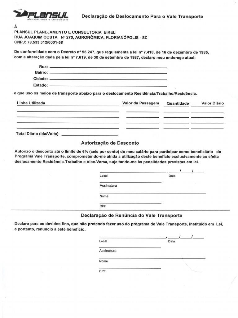 2-Declaração de VT PR - Interior | PDF