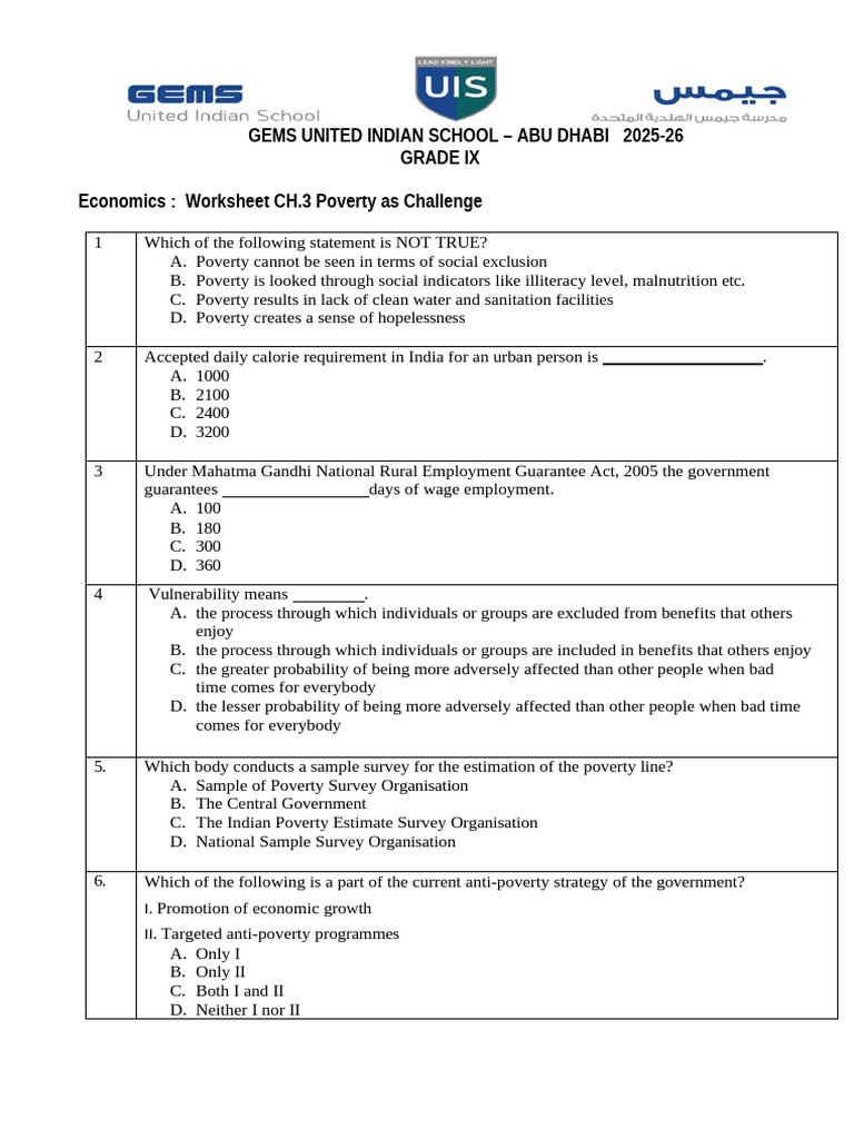 Economics Ch.3 Poverty - Worksheet-2 | PDF | Poverty | Poverty ...