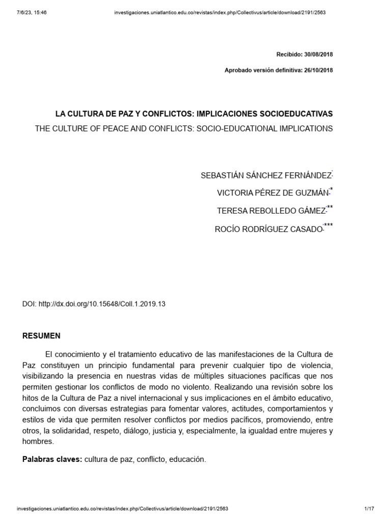 La Cultura de Paz y Conflictos - Implicaciones Socioeducativas | PDF ...