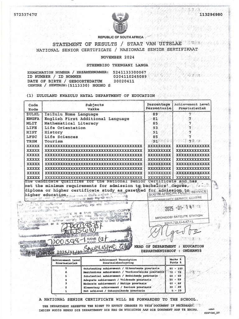 Langa Matric Statement | PDF