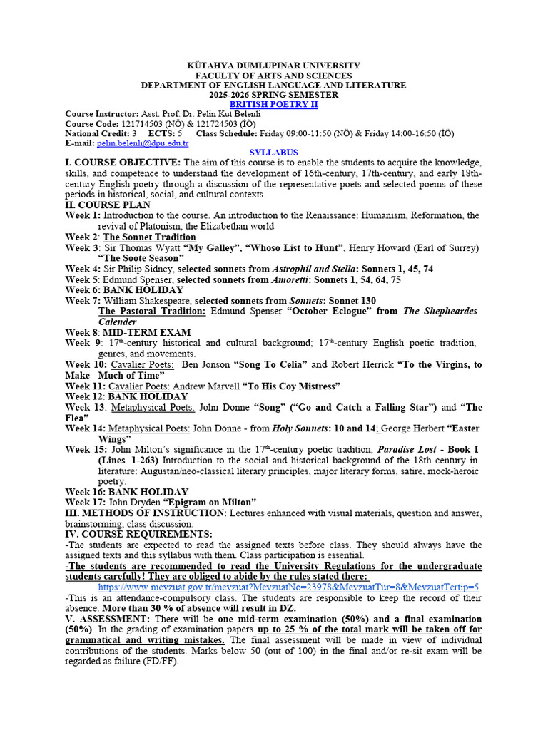 British Poetry II - Syllabus | PDF | Sonnets | English Poetry