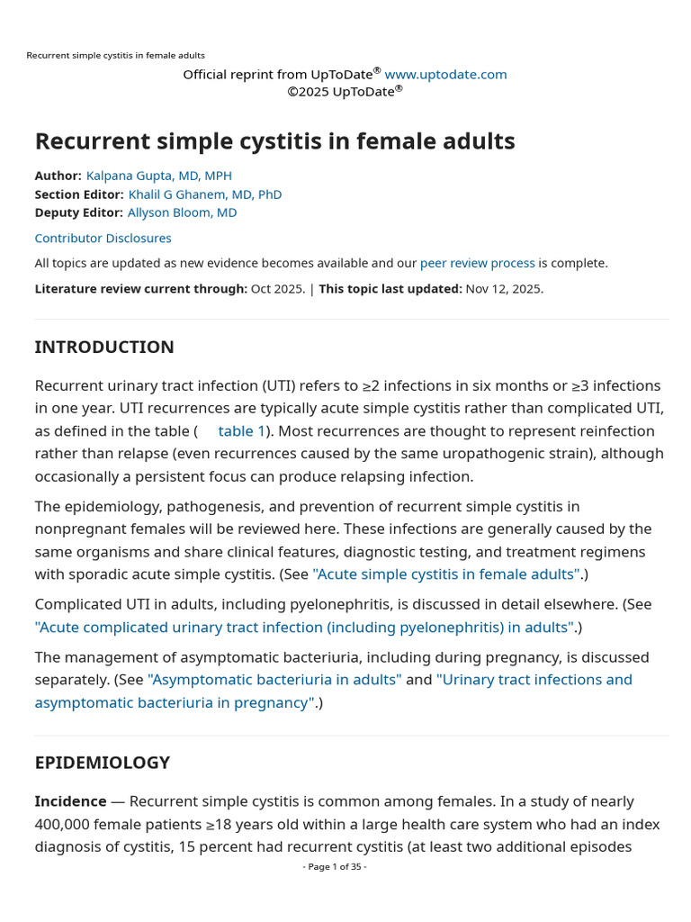 Recurrent Simple Cystitis in Female Adults | PDF | Urinary Tract ...
