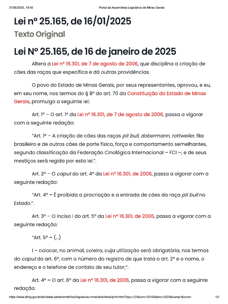 Lei Estadual 25165 Caes de Racas Perigosas | PDF