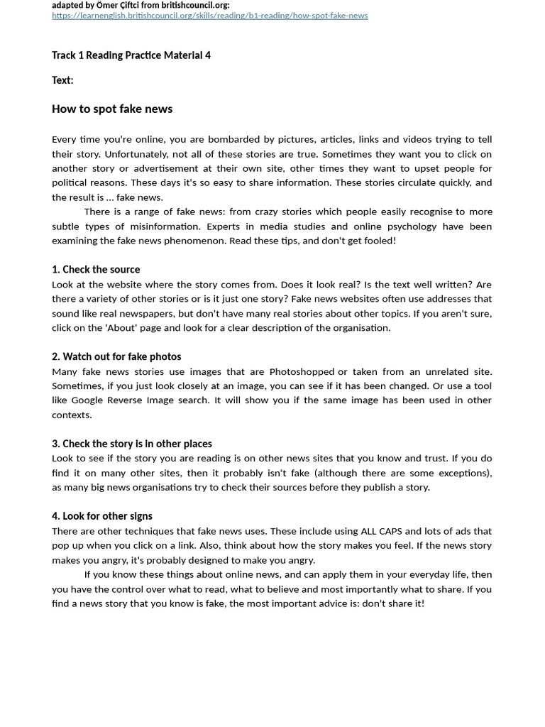 Learning Lab Track 1 Reading Practice Material 4 How To Spot Fake News ...