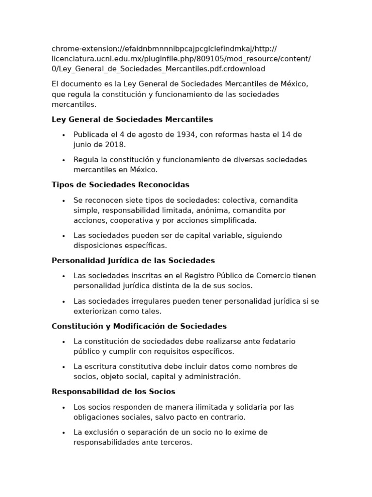 El Documento Es La Ley General de Sociedades Mercantiles de México ...