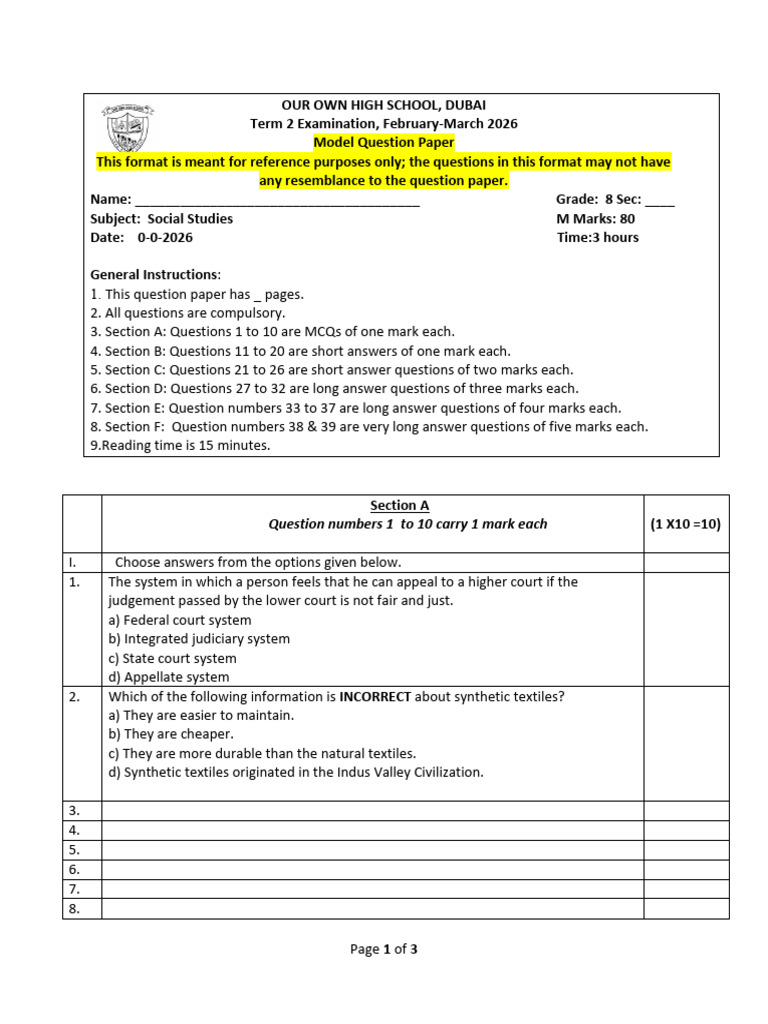 Ind SST Model Question Paper 8 Term 2 Examination 2026 | PDF
