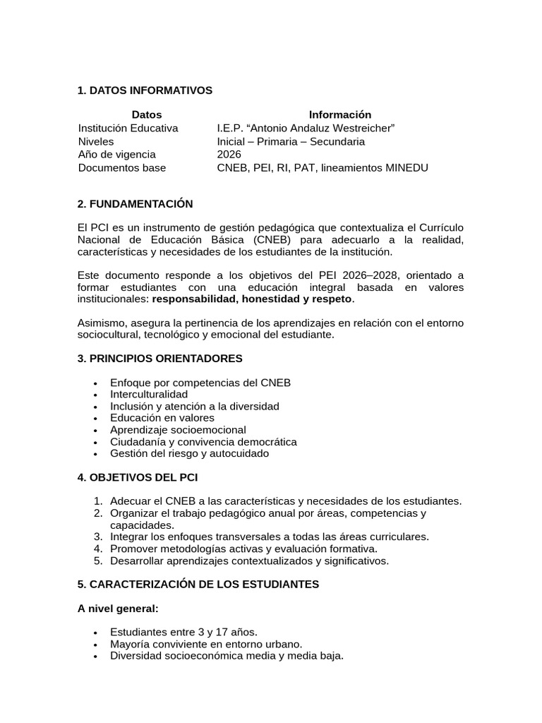 Proyecto Curricular Institucional (Pci) 2026 | PDF | Plan de estudios ...