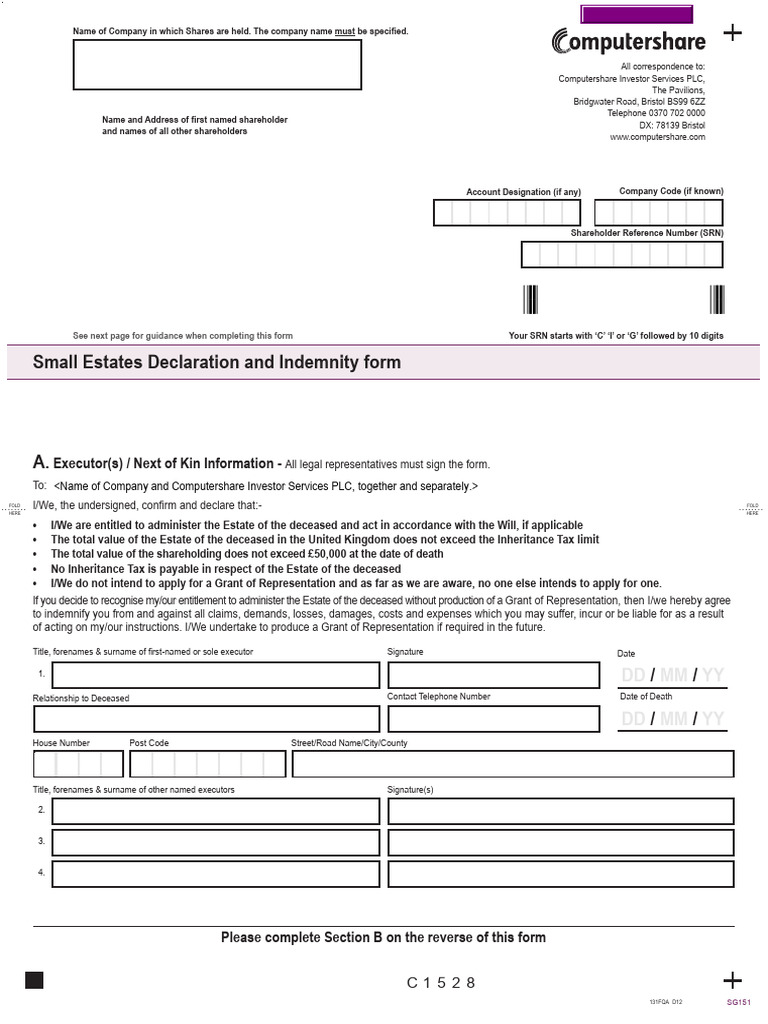 Small Estates Declaration and Indemnity Form: Executor(s) / Next of Kin ...