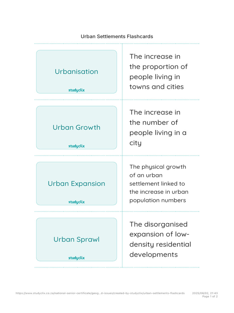 Urban Settlements Flashcards - Studyclix | PDF | Urbanization | Urban ...