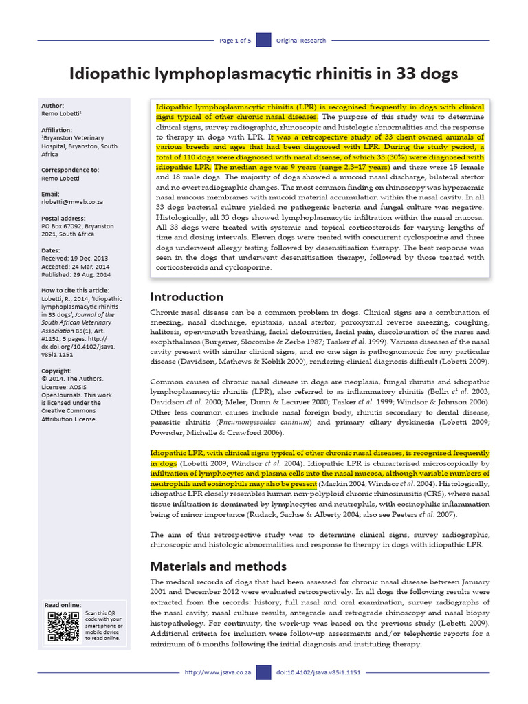 Idiopathic Lymphoplasmocitic Rhinitis in 33 Dogs | PDF | Allergy | Staining