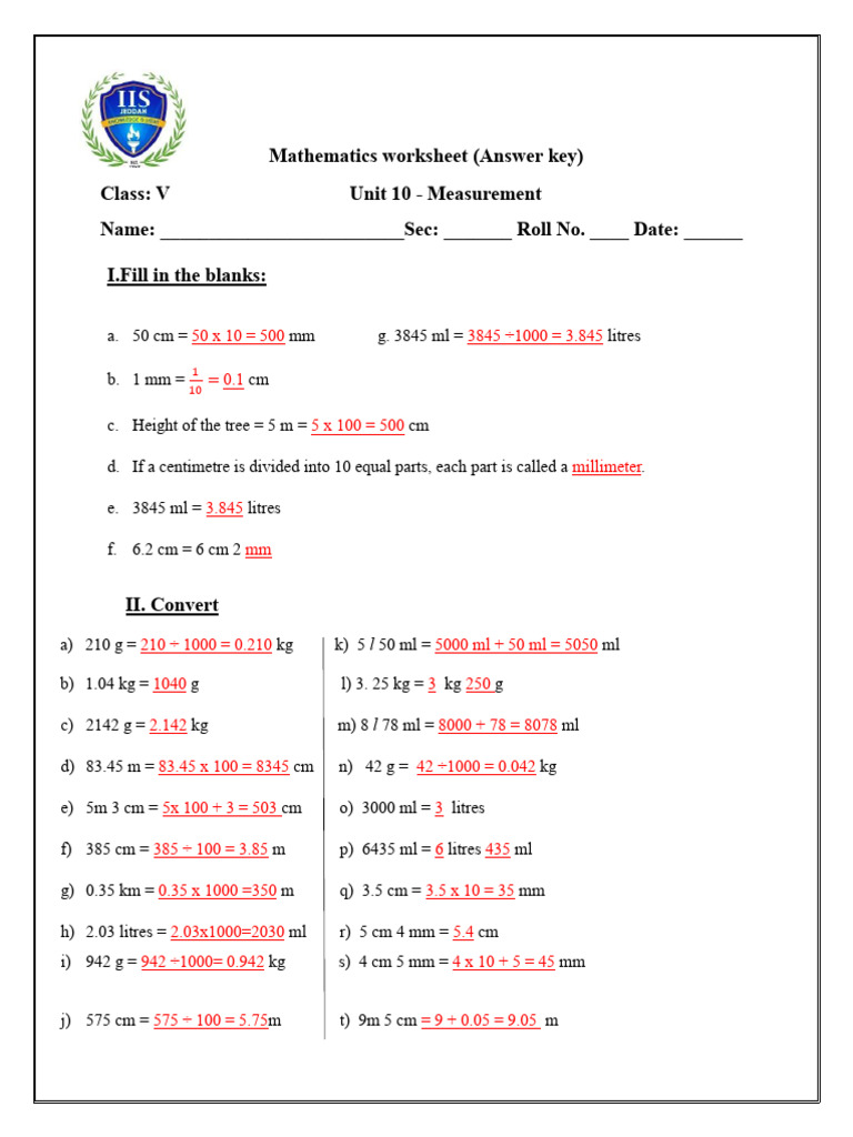 Class 5, Units - 10, 11 Revised Worksheets Ans. Keys 2025-26 | PDF ...