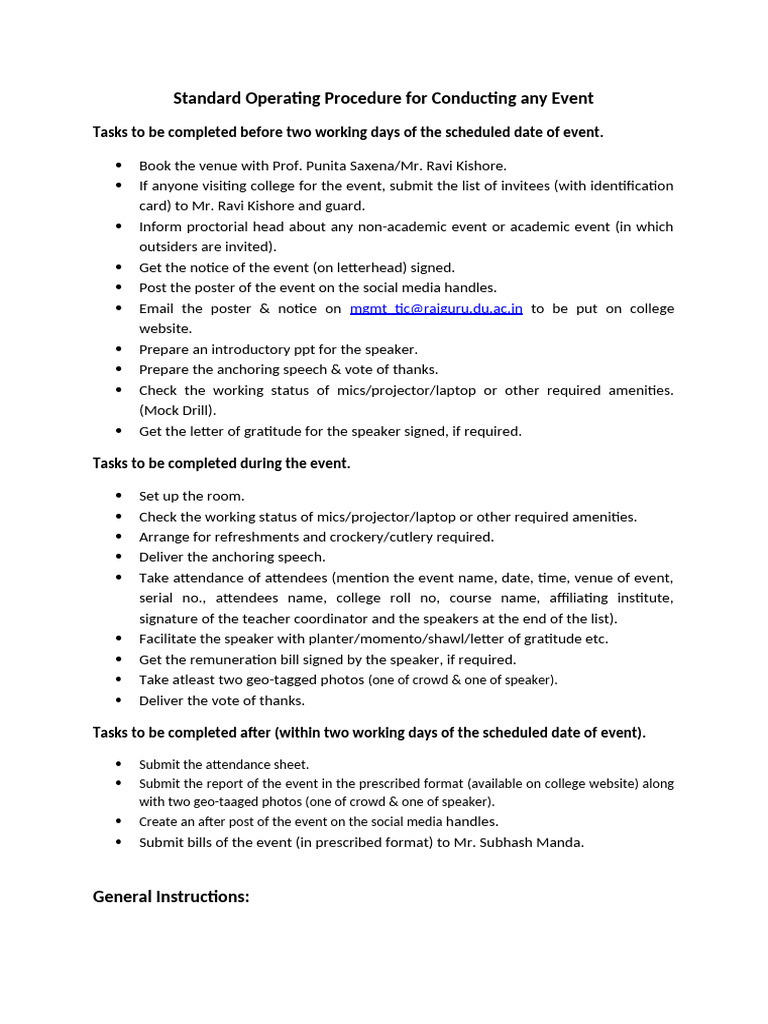 Standard Operating Procedure For Conducting Any Event | PDF