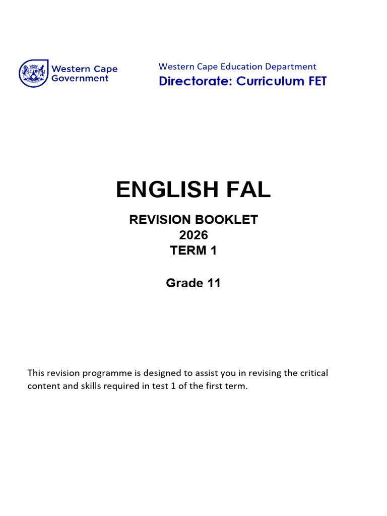 Grade 11 FAL Term 1 Revision Booklet 2026 | PDF | Thought | Reading ...