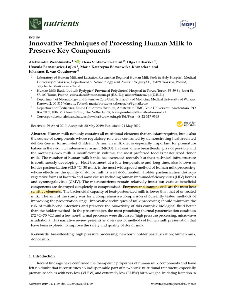 Innovative Techniques of Processing Human Milk To | PDF | Breast Milk ...