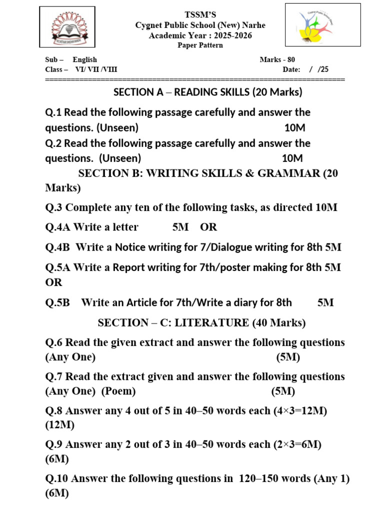 6,7,8english Paper Pattern | PDF