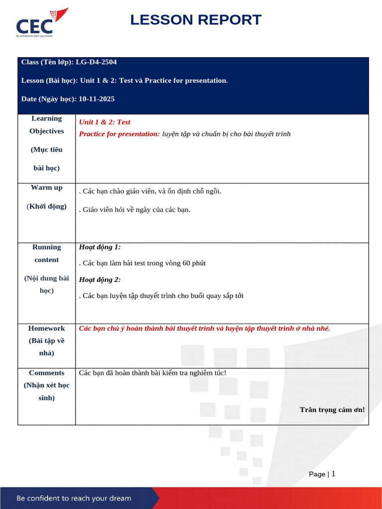 Lesson Report - 10-11-2025 - LG-D4-2504 | PDF