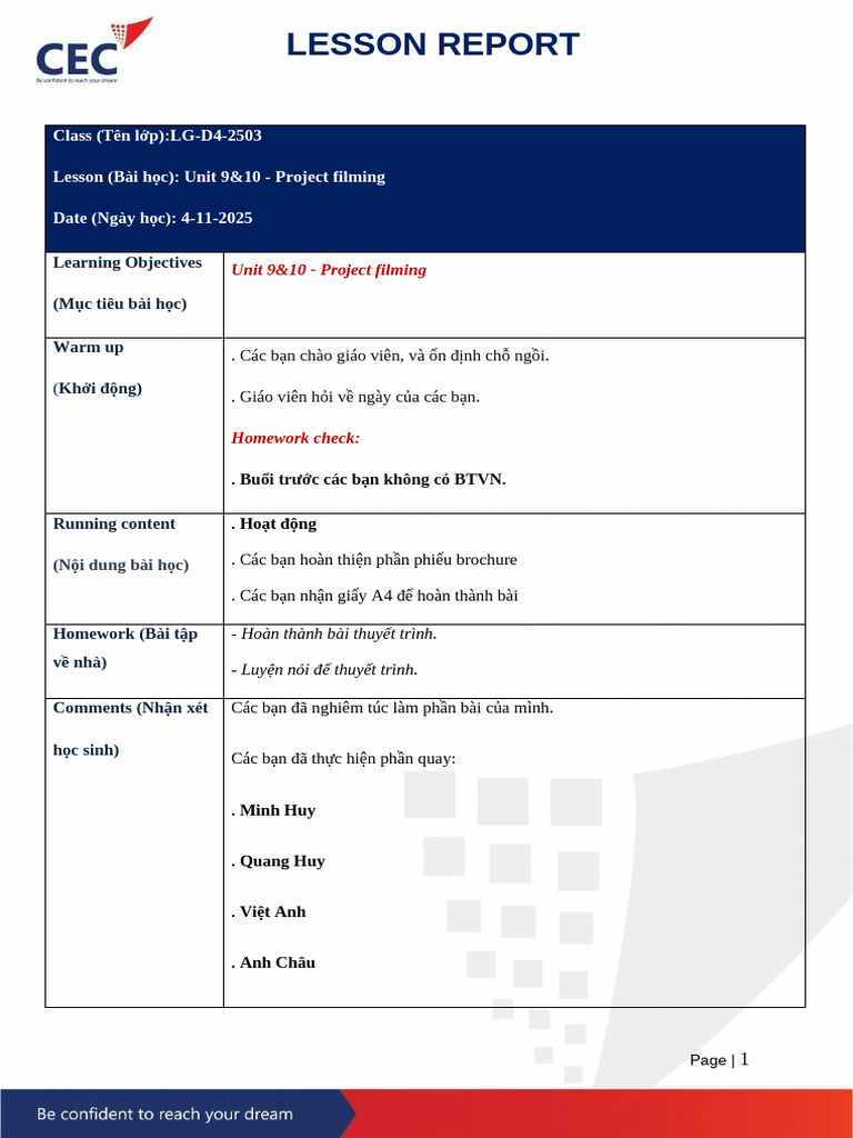Lesson Report - 4-11-2025 - LG-D4-2503 | PDF