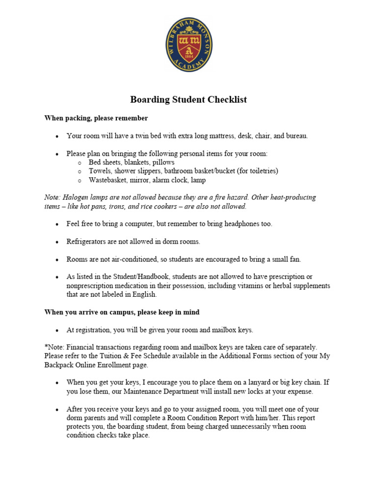 Boarding Student Checklist | PDF