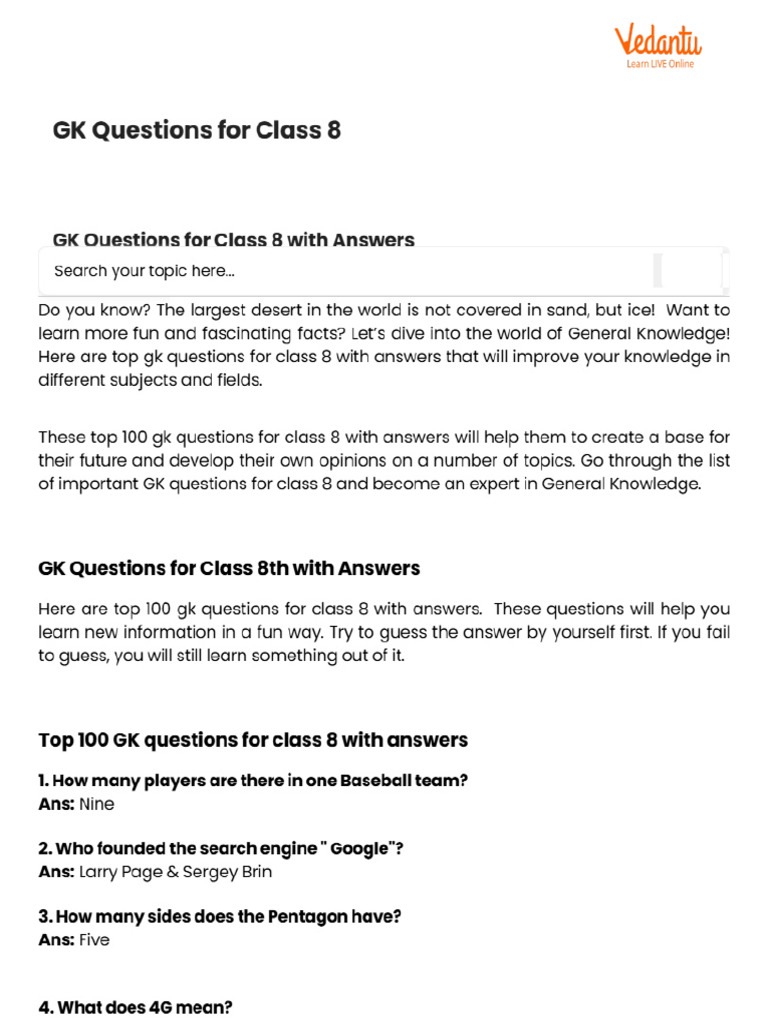 GK Questions For Class 8 | PDF