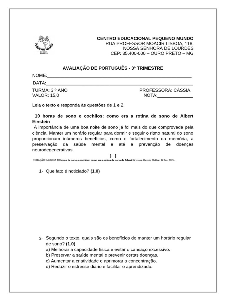 3º Ano Avaliação de Português 3º Trimestre Ok | PDF | Dormir | Linguística
